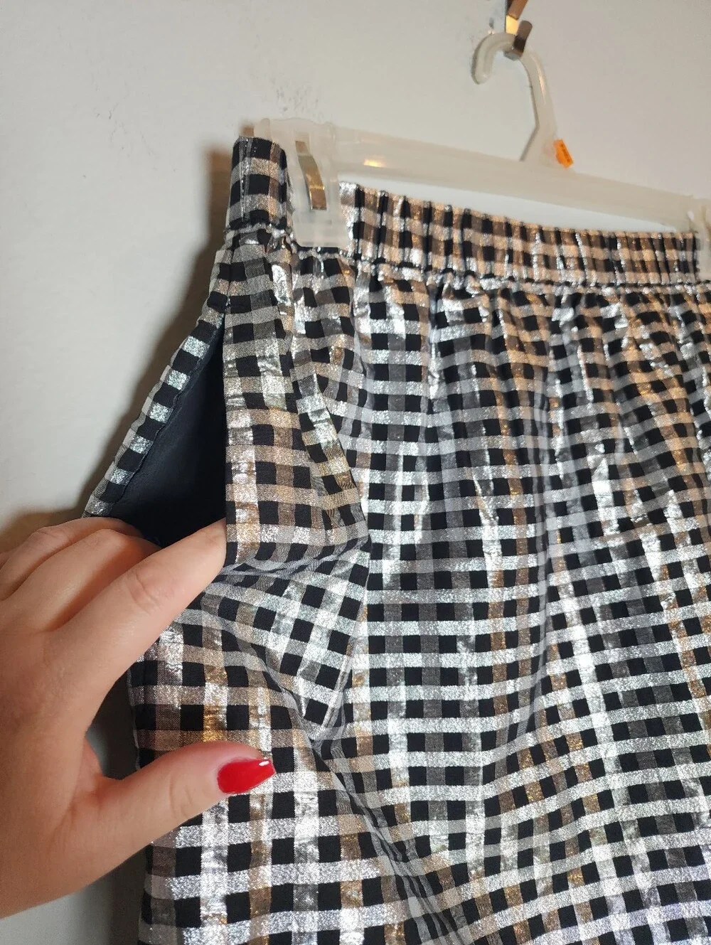 J. Crew Pull-on Shiny Gingham Plaid Skirt Black Silver Pockets Size Large